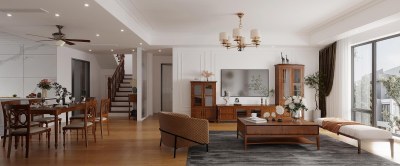 美式复古别墅客餐厅3D模型下载